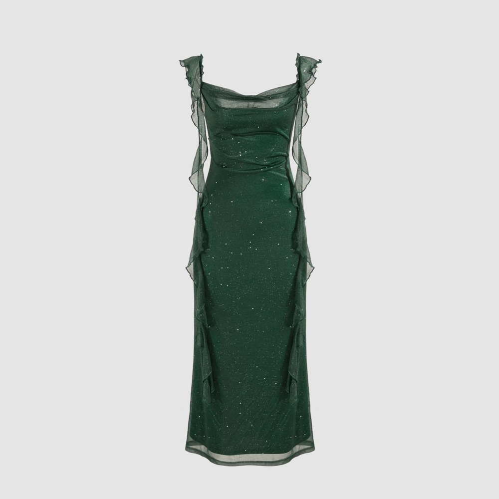 NWT COWL NECK SOLID GLITTER RUFFLE
HEM MAXI DRESS